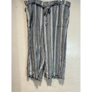 Caslon Womens XL Grey White Striped Linen Blend Wide Leg Crop Pants Frayed Hem